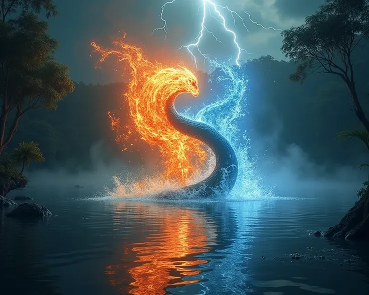 In the mystical Lake Catatumbo ,  known for its spectacular thunderstorms ,  the spirits of fire and water are intertwined in a dance osa . The spirit of fire ,  with intense red flames and golden sparkles ,  moves gracefully over the surface of the water ...