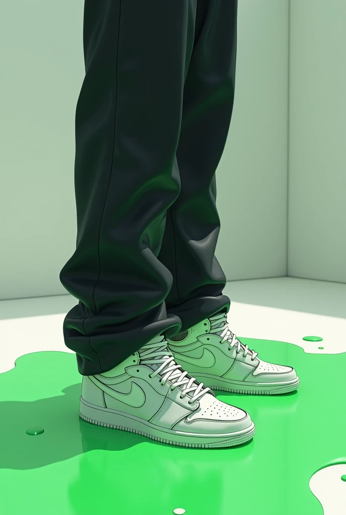 close up side view of anime young adult boy white air jordans and wide loose black pants standing on a large gooey green puddle on the floor