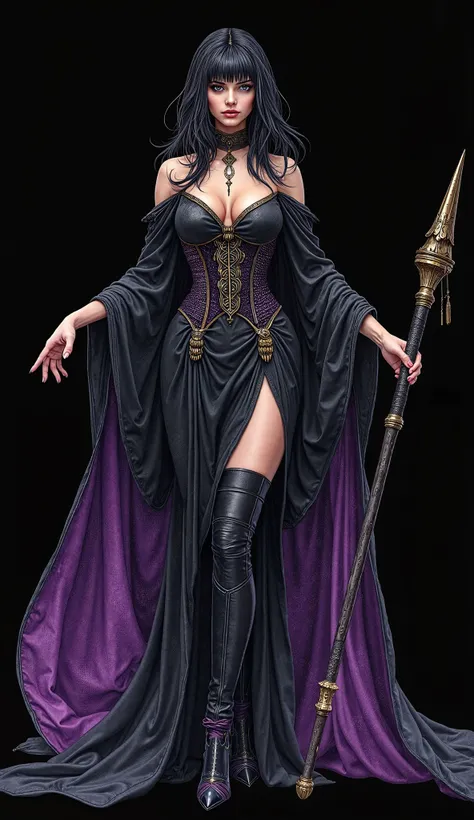 best quality, extremely detailed, watercolor drawing:1.5, masterpiece, (detailed hands), sorceress girl with staff, long bob, dark hair, arrogant hatred angry face emotion:1.2, bodycon black wizard dress with corset and long sleeves and gold trim, dark wid...