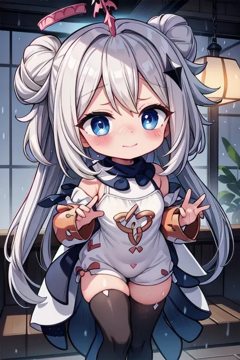 Sleeveless camisole, thick thighs, white hair, glowing eyes,(loli:1.6), showing belly, thick thigs, white, heart with hands, very happy, smile, thong, room, window, rain, thick thighs, happy, smile, very blushed, embarrassed, nervous, blue eyes, white hair...