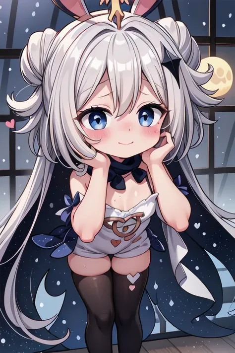 Sleeveless camisole, thick thighs, white hair, glowing eyes,(loli:1.6), showing belly, thick thigs, white, heart with hands, very happy, smile, thong, room, window, rain, thick thighs, happy, smile, very blushed, embarrassed, nervous, blue eyes, white hair...