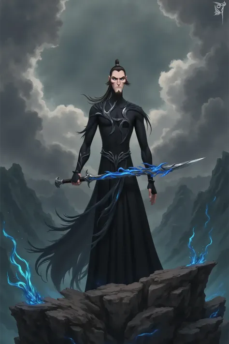 ( masterpiece, highest quality:1.2), Game anime characters, alone,beard, Black Robe ,slim。Holding a blue sword in his hand。flame,cliff,Ominous clouds