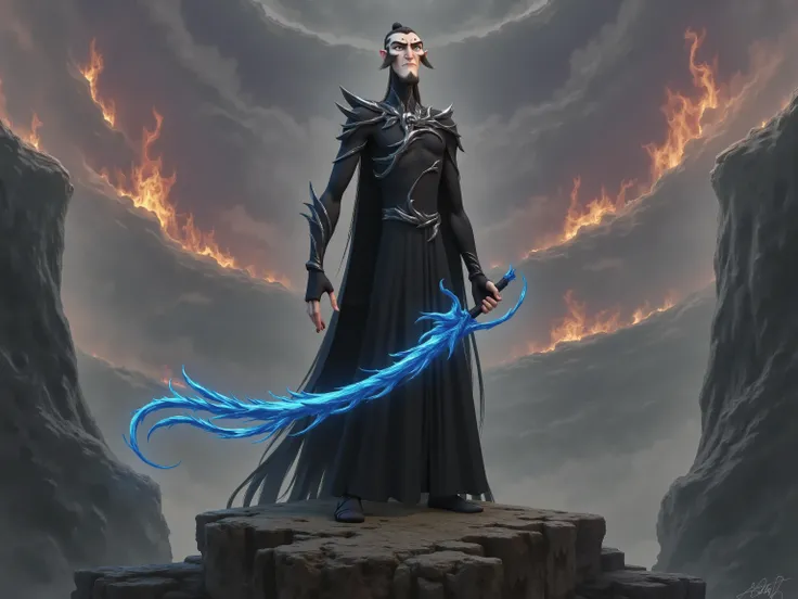 ( masterpiece, highest quality:1.2), Game anime characters, alone,beard, Black Robe ,slim。Holding a blue sword in his hand。flame,cliff,Ominous clouds