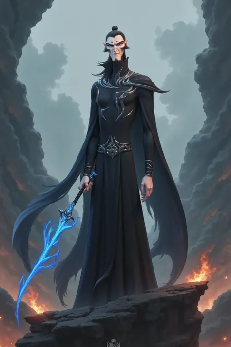 ( masterpiece, highest quality:1.2), Game anime characters, alone,beard, Black Robe ,slim。Holding a blue sword in his hand。flame,cliff,Ominous clouds