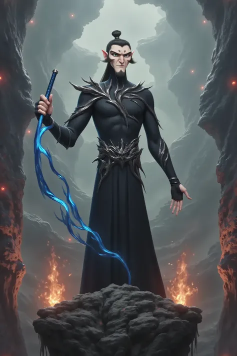 ( masterpiece, highest quality:1.2), Game anime characters, alone,beard, Black Robe ,slim。Holding a blue sword in his hand。flame,cliff,Ominous clouds
