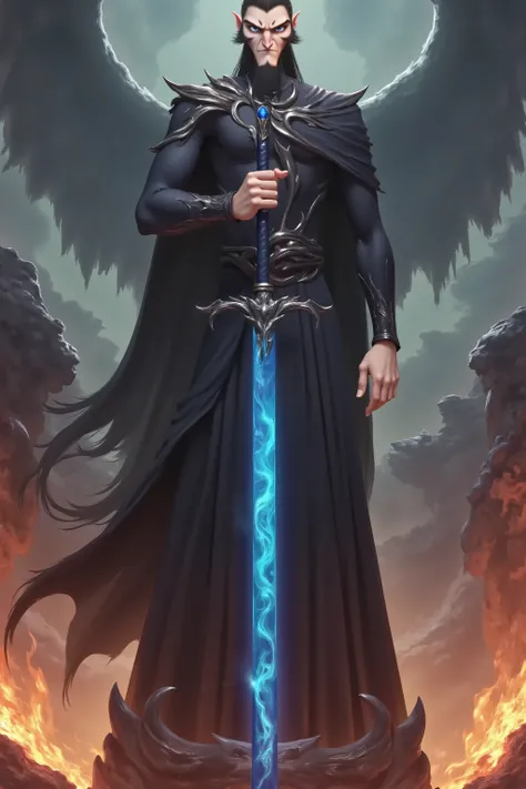 ( masterpiece, highest quality:1.2), Game anime characters, alone,beard, Black Robe ,slim。Holding a blue sword in his hand。flame,cliff,Ominous clouds