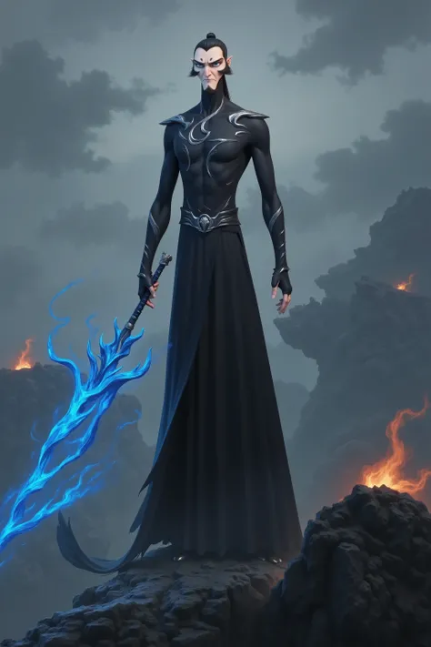( masterpiece, highest quality:1.2), Game anime characters, alone,beard, Black Robe ,slim。Holding a blue sword in his hand。flame,cliff,Ominous clouds