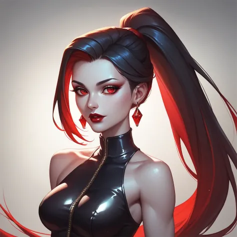 female black sleeveless latex turtleneck, bare shoulders, racerback, bare toned arms, beautiful faces, black ponytail with showing forehead, long ponytail, earrings, soft smooth skin, pale skin, black background, red eyes, sci-fi, high contrast, red lipsti...