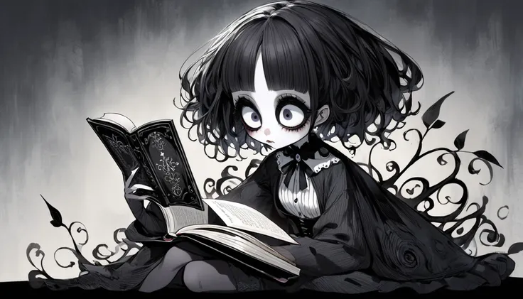     Tim Burton's Style、Dark Girl、 reading a book、