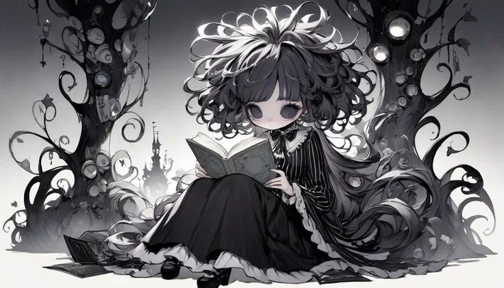     Tim Burton's Style、Dark Girl、 reading a book、