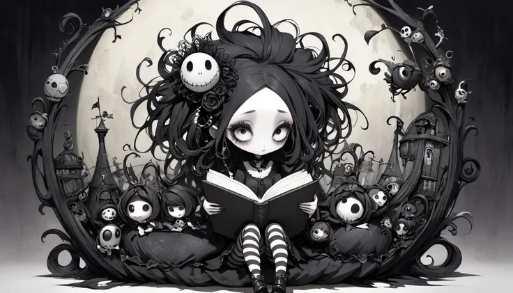     Tim Burton's Style、Dark Girl、 reading a book、