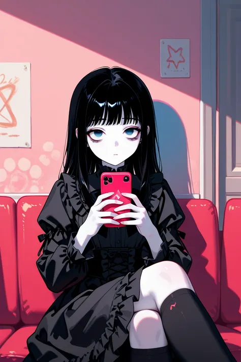 (Alone:1.2),   a girl\( It's cute  ,  It's cute  ,(Bad look in the eyes :1.4),  Playing with a smartphone:1.4,  crossing the legs:1.4,  sitting in a chair:1.4), (  Black hair :1.2),(  long hair:1.1),( Odd red and blue eyes ),  (  big eyes ),(  white skin:1...