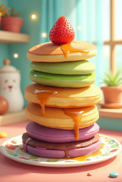 An animated Strawberry, Matcha, Mango,        
 Biscoff, ube pancakes