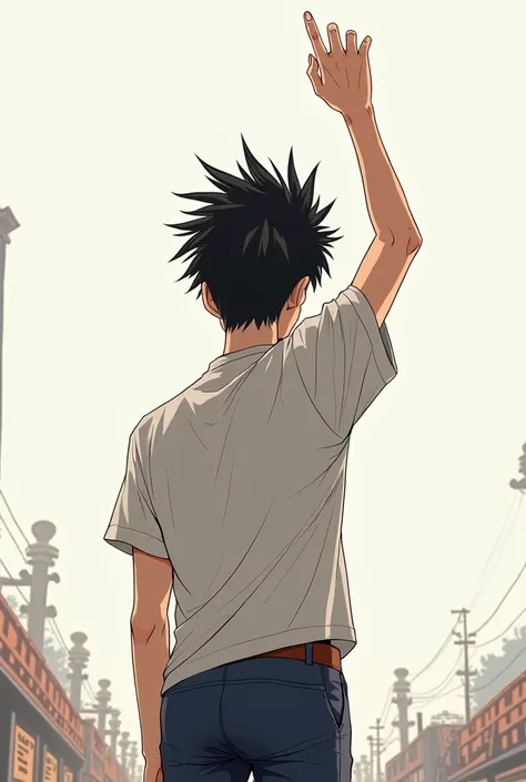 manga boy back view hand one raise up