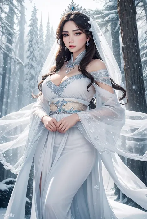 ,beautiful detailed eyes,beautiful detailed lips,long eyelashes,fierce expression,enchanted forest,sparkling snowflakes, sculptures,crystal-clear palace,queenly demeanor,magical atmosphere,subtle snowfall,majestic pose, mesmerizing beauty,graceful movement...