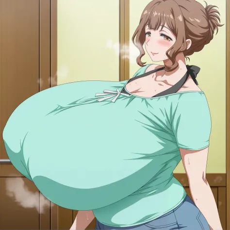 (sweat,steam)solo,1girl,from side,half closed eyes,looking at viewer,(anime coloring,anime screencap,official style:1.1),TK il,torino kazami,(gigantic breasts:1.5), wide hips, plump, thick thighs, brown hair, brown eyes, tareme, (mature female:1.4), folded...