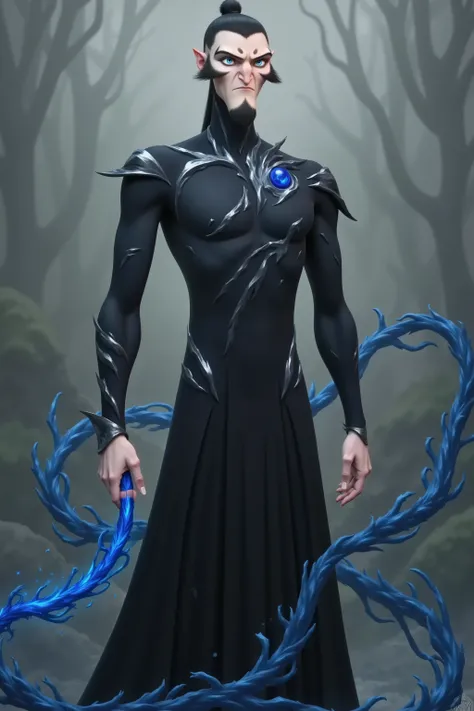 ( masterpiece, highest quality:1.2), 1 person, alone,beard, Black Robe ,slim。Holding a blue whip in his hand