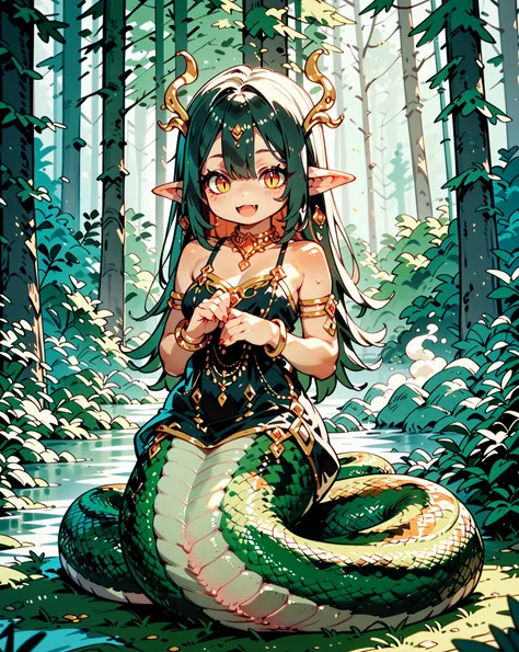 One monster girl(Lamia)、luxurious dress with open shoulders( black)、The lower half of the body is a snake、 anatomically accurate、full body、 Mysterious Forest 、1 smoke tube(Detailed correct details)、 happy expression