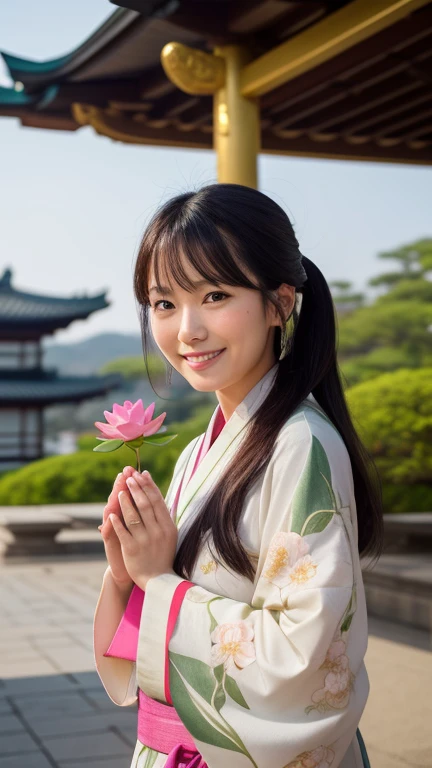 📅  4/8
Flower Festival （Busseikai ）
 Beautiful woman in kimono smiling with a lotus flower in the temple garden。 with a golden Buddha statue in the background 、 A fantastic sight offering a quiet prayer 。 Soft light and calm atmosphere 。