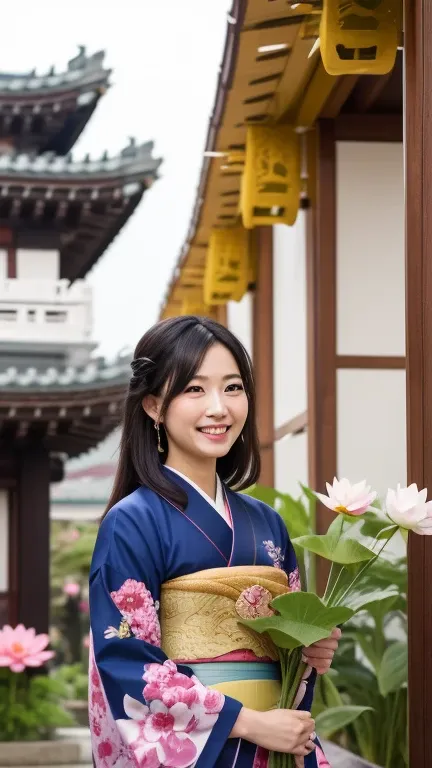 📅  4/8
Flower Festival （Busseikai ）
 Beautiful woman in kimono smiling with a lotus flower in the temple garden。 with a golden Buddha statue in the background 、 A fantastic sight offering a quiet prayer 。 Soft light and calm atmosphere 。