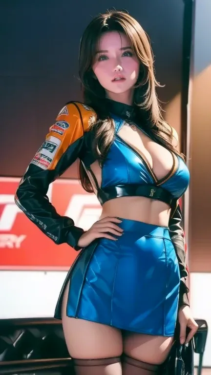 (  Masterpiece), (   MotoGP Racing Girls  ), (  eyeliner:0.5),(:0.5),     black hair,  With a faint smile,   beautiful繊細な少女を指す,     Neckband with Visible Panties  ,   beautiful繊細な目, , ((Event List)), (MotoGP truck background  ), (  top quality,   Hi-Res, r...