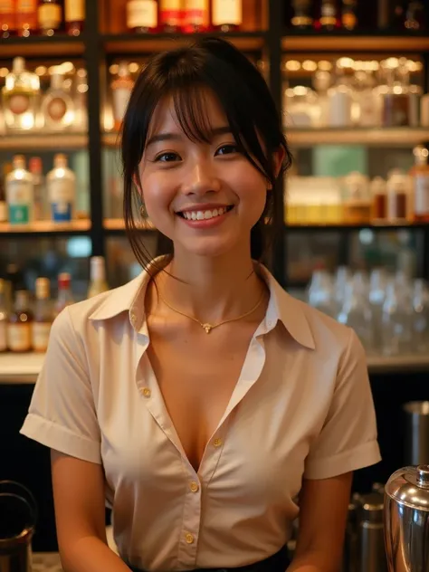 A cheerful Japanese bartender standing behind a bar counter, wearing a low-cut blouse and smiling while shaking a cocktail shaker. The bar is warmly lit, with bottles of alcohol and glasses neatly arranged on the shelves behind her. She has a friendly expr...