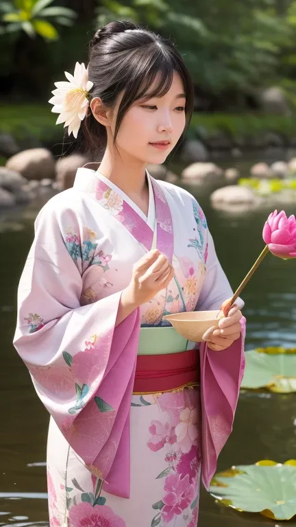 📅  4/8
Flower Festival （Busseikai ）
1️⃣ "A serene young woman dressed in a beautiful kimono with intricate floral patterns, surrounded by blooming lotus flowers. She holds a small water ladle, participating in a Buddhist ceremony. Peaceful and spiritual, u...