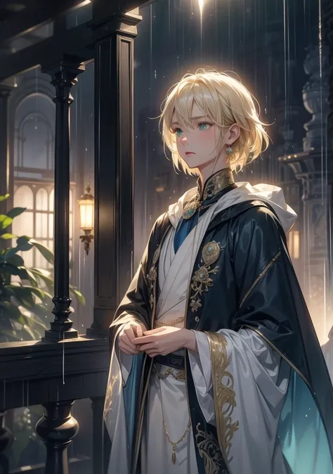  top quality。 detailed depiction of up to the front door。Old Castle Greenhouse 。 Handsome and Cool Adult Man 、(( one adult man))。 short hair、((male short hair)), (( Light Blonde ))。 cool and impressive appearance 。((green eyes like a forest))。Sharp impress...