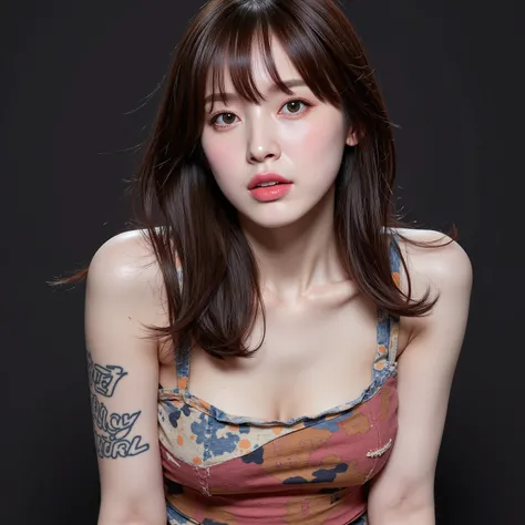 NSFW,
Realistic, ((Character design sheet)),

Looking at the camera and looking a little surprised,

Young Korean girl,  
she is after sex,
She is Arin, the youngest member of the idol group "OH MY GIRL",
bangs,
She is in her early s,
Big round brown eyes,...