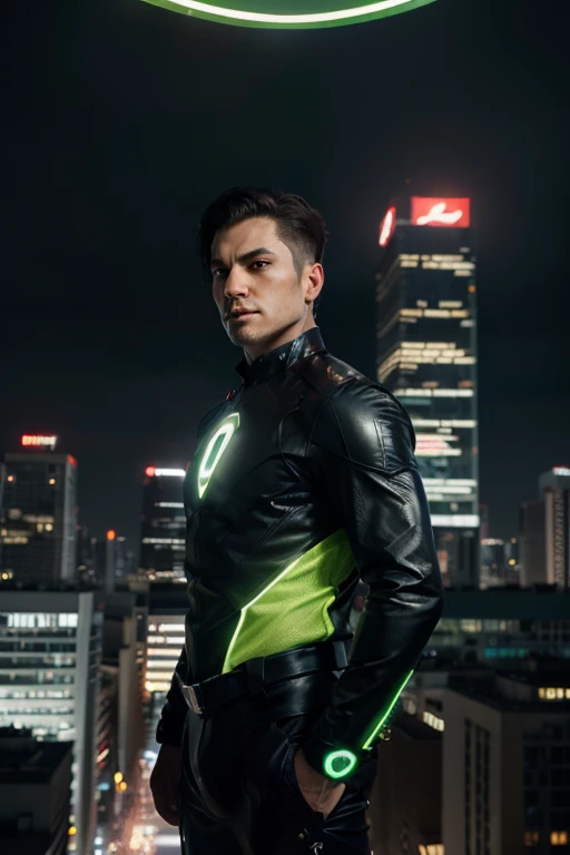 A heroic character named Luckyman, wearing a sleek and modern superhero suit with gold and green colors, featuring a glowing four-leaf clover emblem on the chest. He has short black hair, sharp facial features, and piercing blue eyes. Luckyman is standing ...