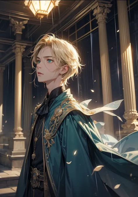  top quality。 detailed depiction of up to the front door。Old Castle Greenhouse 。 Handsome and Cool Adult Man 、(( one adult male))。 short hair、((male short hair)), (( Light Blonde ))。 cool and impressive appearance 。((green eyes like a forest))。Sharp impres...