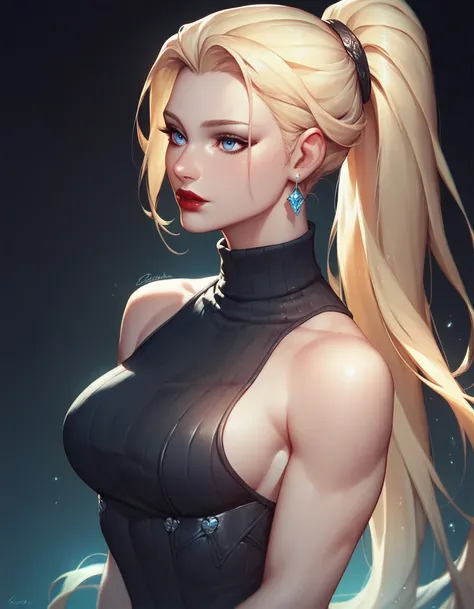 female black sleeveless turtleneck, bare shoulders, racerback, bare toned arms, beautiful faces, blonde ponytail with showing forehead, long ponytail, earrings, soft smooth skin, pale skin, black background, blue eyes, sci-fi, high contrast, red lipstick