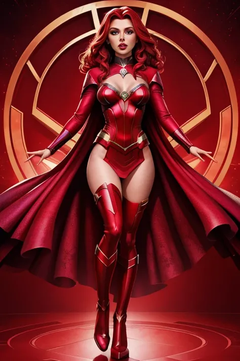 A full-body shot of Scarlett Johansson as Marvel Comics' Wanda Maximoff/Scarlet Witch. Scarlet Witch wears her iconic red costume. Scarlet Witch has lovely makeup on her face. Scarlet Witch wears red lipstick. Scarlet Witch wields red-colored chaos magick....