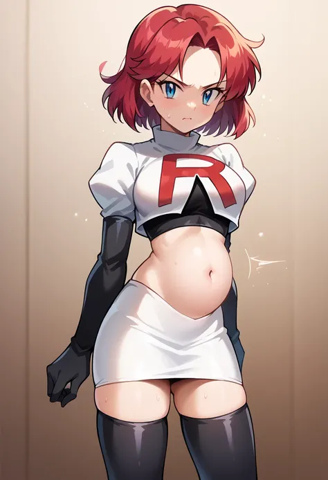 score_9, score_8_up, score_7_up, score_6_up, source_anime, BREAK
1girl, solo, breasts, bouncing breasts, early pregnancy, (small belly:1.3), baby bump, cowboy shot, looking at viewer, team rocket,team rocket uniform,white skirt,red letter R,crop top,black ...