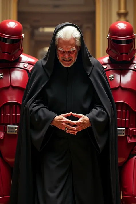 Emperor Palpatine grimacing and bent over in pain because he ate the burrito grande at lunch. His face conveys the terrible pain and stomach cramps he is experiencing. 
Two of his Imperial guards, in their shiny red armor, are helping him to the door of th...