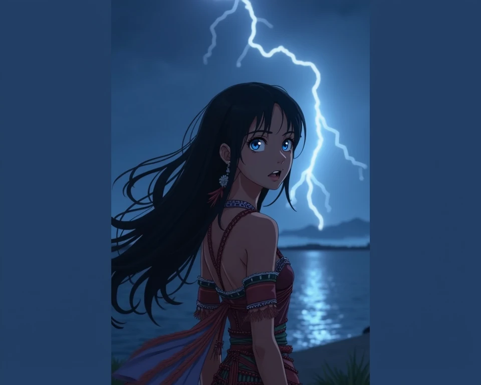  Creates an image of a young woman from the Wayuu tribe , approximately 20 years,  with an anime .  She has bright blue eyes and an expression of amazement as she observes the natural spectacle .  Her dark and long hair flutters softly in the night breeze ...