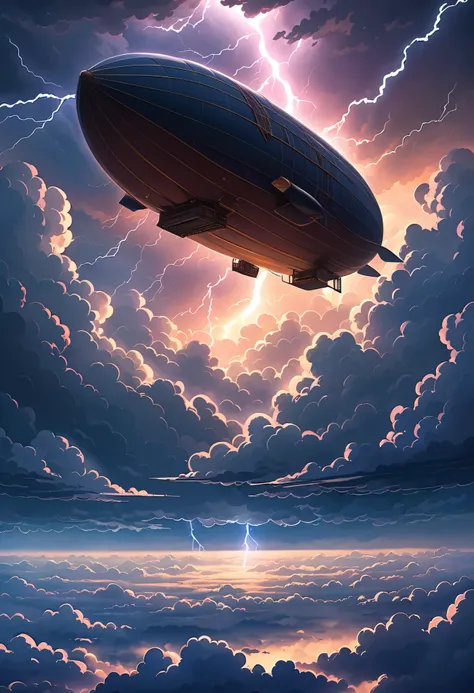 An airship moving through a sea of clouds in the distance ，depression，Lightning Storm，There is a sea of clouds。，cloudy，Textured clouds,masterpiece, best quality, high resolution, cinematic lighting, fantasy, 