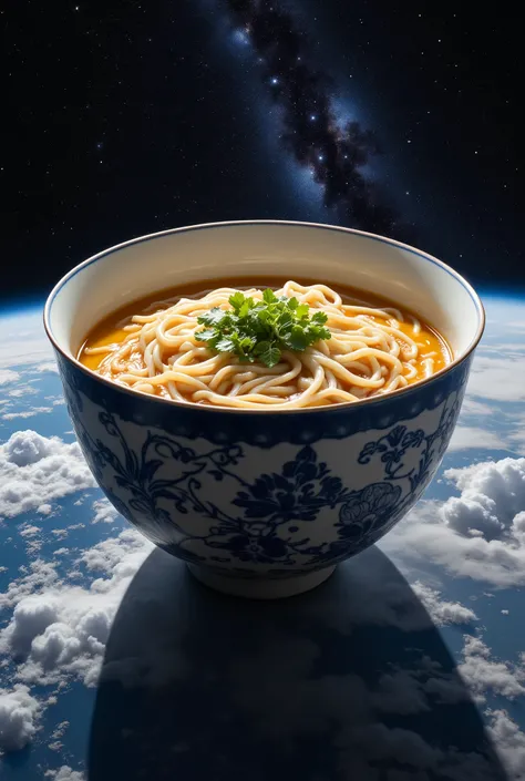 Outer space, a very large bowl placed on the earth, inside the bowl is udon, udon\(passionate udon, insane udon, very silly udon, udon made by a skilled craftsman, golden broth made from bonito and kelp, the flavor of high-quality wheat, glossy noodles, fi...