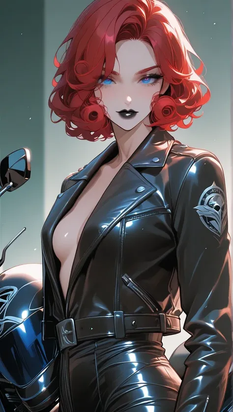 Expressiveh,  Sensual, cold look, Sensual,   small breasts,   red hair,  Short hair,  curly hair,  arrogant  ,  adult woman,  with blue eyes  ,   with fair skin,   big breasts, biker girl,  black clothes,   wearing leather jacket , next to a motorcycle,  b...