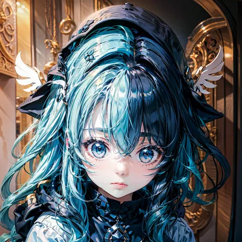 Light blue and dark blue half color hair、Black simple background 、 chibi、 cute、