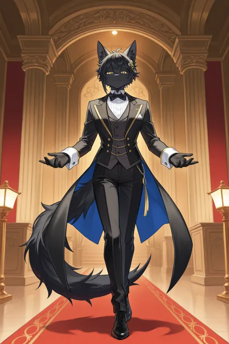   Butler、pavilion、 Masterpiece,      top quality ,    great quality ,        very aesthetic  ,      Hi-Res,      very detailed,     fool   ,   Black fur、   full body 、虹彩異色症を持つ黒猫女性Butler(  blue eyes and yellow eyes  )、     Fluffy Skin  、Butler服