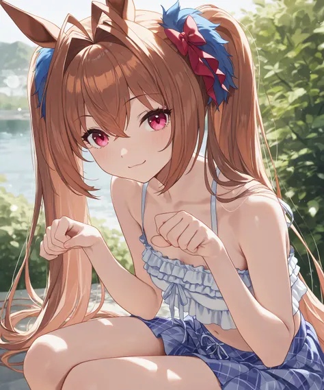 very awa, masterpiece, best quality, newest,  highres, absurdres、 There is only one 、 Daiwa Scarlet、Uma Musume　 Daiwa Scarlet、 twin tails、Reddish brown hair、 very small breasts、light brown hair、white ruffled clothes 、 pale light blue skirt 、Outdoors、Lush g...