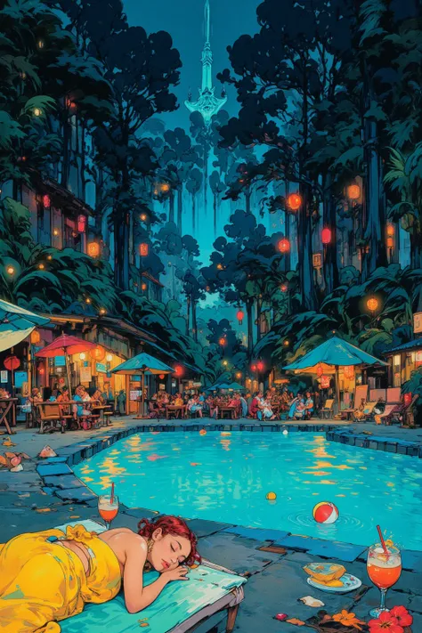  Night Rainforest Jungle White Pool Ukiyo-e Anime, yellow bath towel by the pool ,Aerial view of the middle of a bird , glowing beach ball floating in pool, lots of colorful umbrellas and tables and chairs, night pool,Woman sleeping on mat , cocktails, fro...