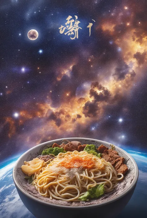 Outer space, a very large bowl placed on the earth, inside the bowl is udon, udon\(passionate udon, insane udon, very silly udon, udon made by a skilled craftsman, golden broth made from bonito and kelp, the flavor of high-quality wheat, glossy noodles, fi...