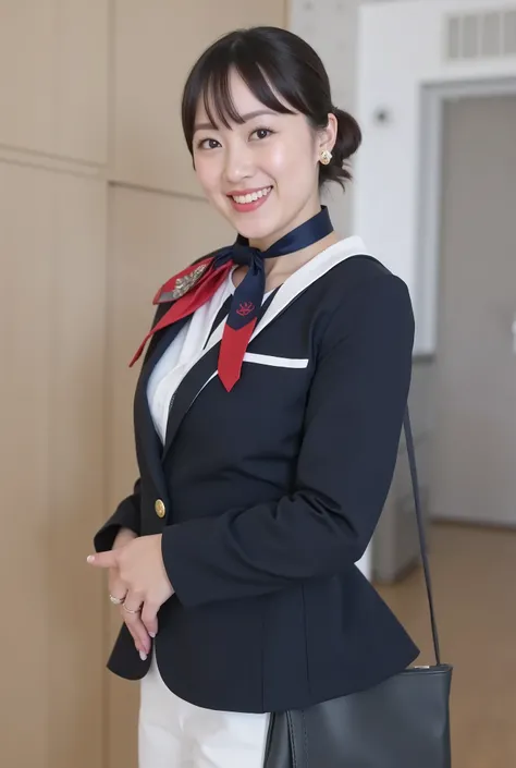 JAL cabin attendant lady, japan airlines, A beautiful and very busty single flight attendant woman is working on an airplane,  in the seat, beautiful, Alluring, , ,,, (((large breasts:1.9), (huge breasts:1.9), (Uplifted and well-defined bust:1.9), (lifted ...