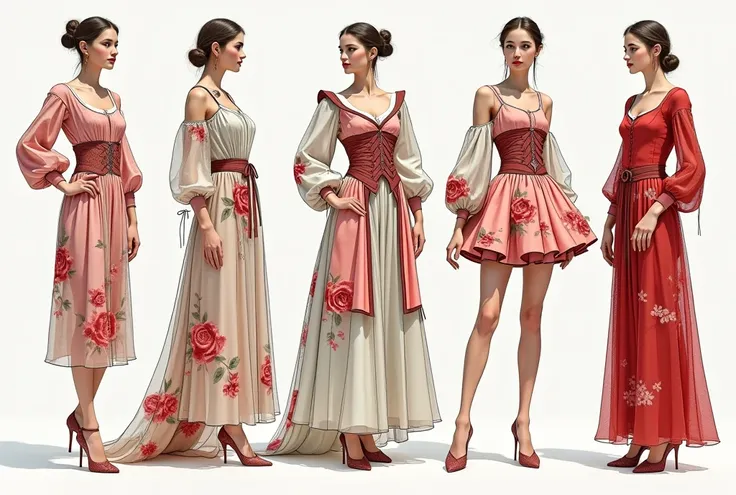 Creates multiple sketches of clothing inspired from both the renaissance fashion and rose flowers to fit in contemporary era casual chic style using both opaque and see-through fabrics with a colour palette from renaissance and the rose flowers . I want ro...