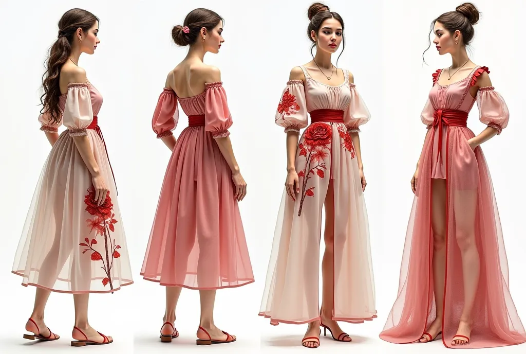 Creates multiple sketches of clothing inspired from both the renaissance fashion and rose flowers to fit in contemporary era casual chic style using both opaque and see-through fabrics with a colour palette from renaissance and the rose flowers . I want ro...