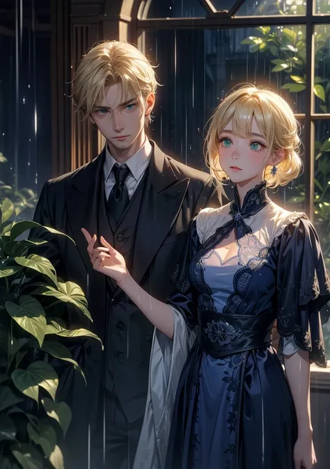  top quality。 detailed depiction of up to the front door。Old Castle Greenhouse 。 Handsome and Cool Adult Man 、(( one adult man))。 short hair、((male short hair)), (( Light Blonde ))。 cool and impressive appearance 。((green eyes like a forest))。Sharp impress...