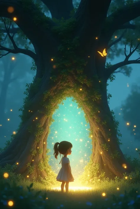 The five-year-old baby girl stands beneath a large, ancient tree in the garden. A glowing, shimmering magical portal is forming on the ground. The golden butterfly hovers near the entrance, guiding her. The surroundings have a soft blue glow, and tiny gold...