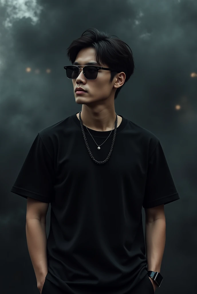 Korean handsome male,  wears sunglasses ,  black watch, A ,  hoddie black Shimmer necklace , black t-shirt,  half body ,  medium position lowered ,  on black smoke background.